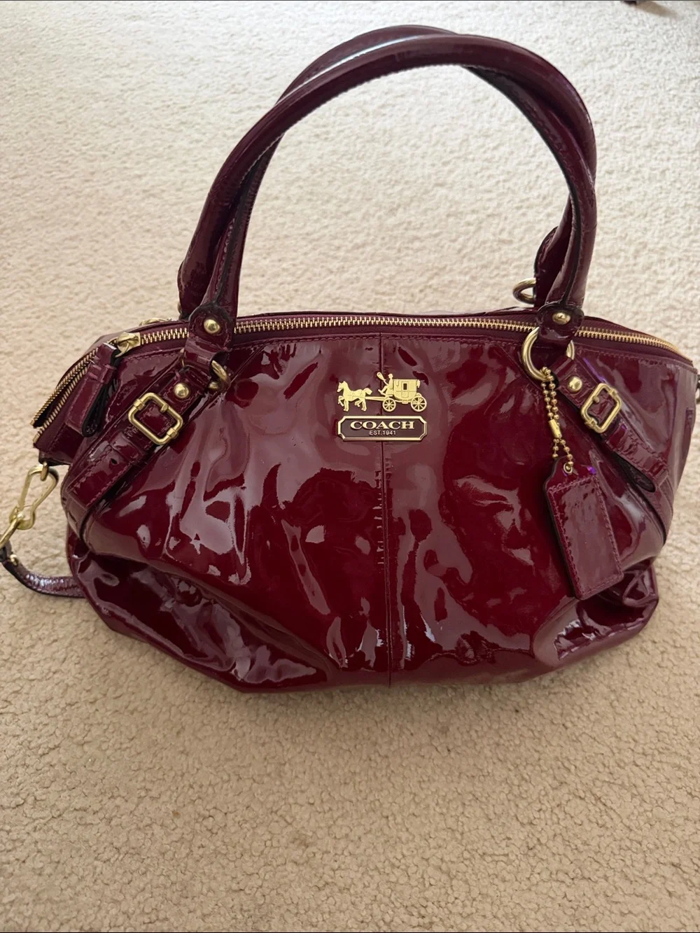 Coach Patent Leather Satchel & Wallet in Wine with Gold Hardware